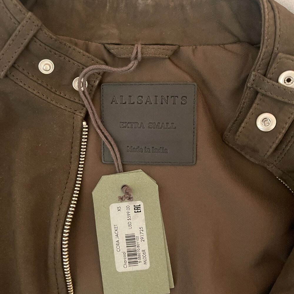 All Saints Cora Suede Leather jacket XS dark olive NWT MSRP $600 - Picture 5 of 11